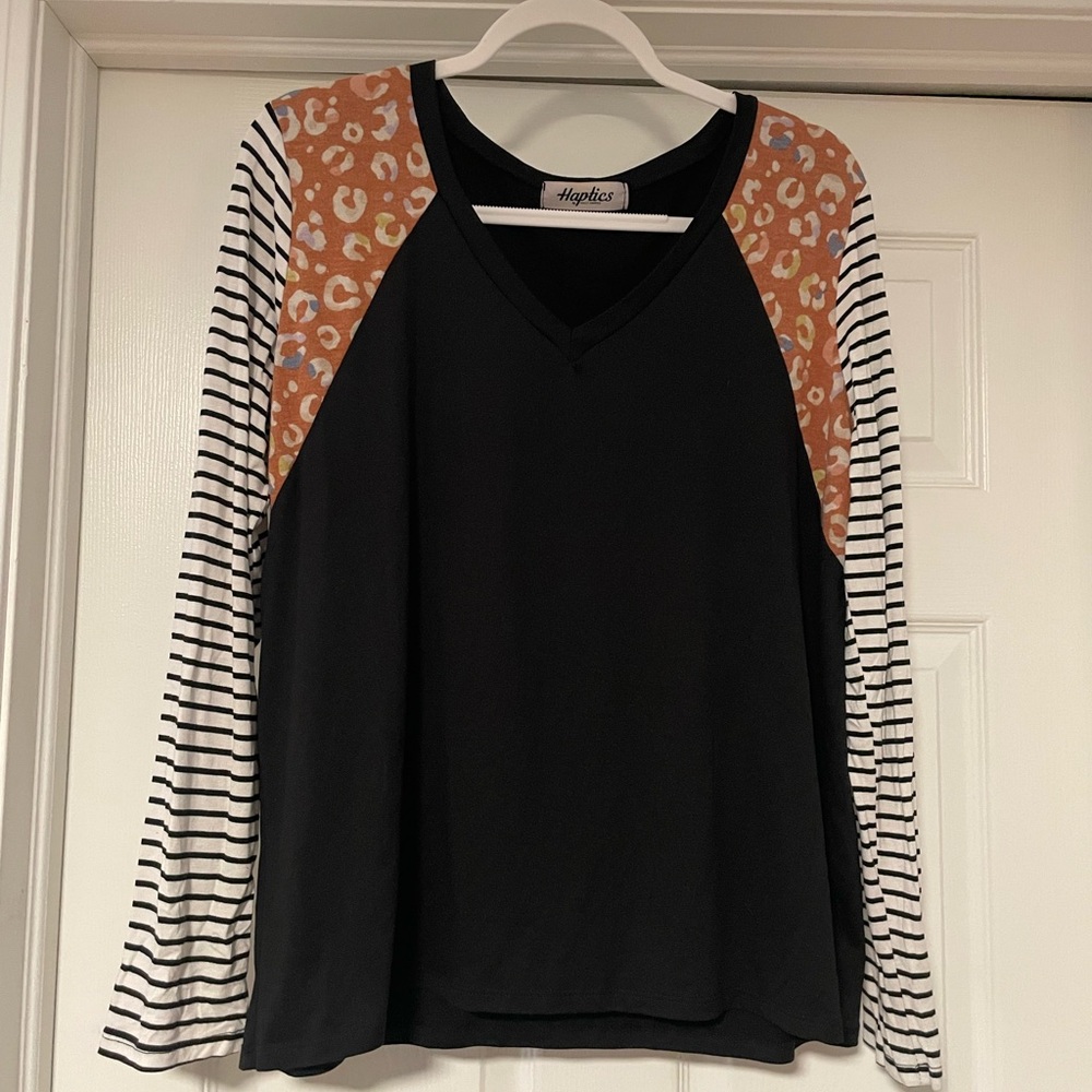 Haptics Black Top with Brown Leopard and Striped Sleeves